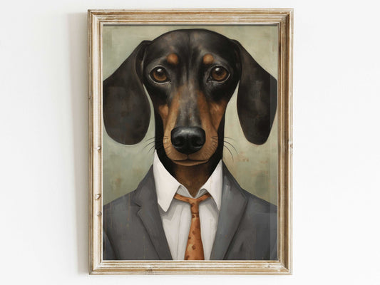 Dachshund Portrait Art, Whimsical Dog Decor, Rustic Wall Print - WildfieldPrints