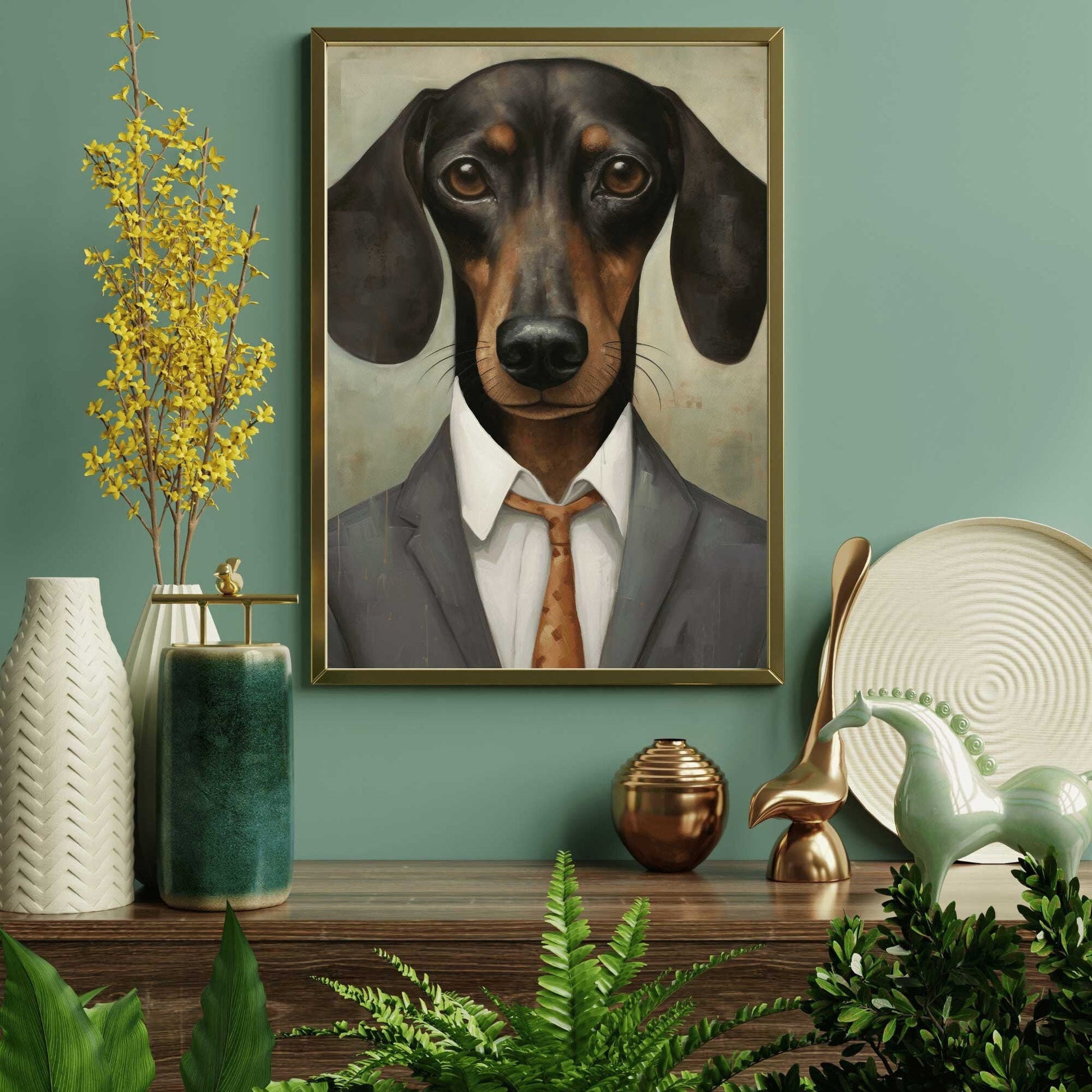 Dachshund Portrait Art, Whimsical Dog Decor, Rustic Wall Print - WildfieldPrints