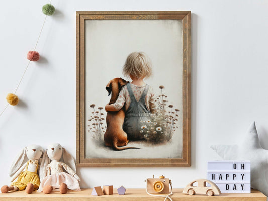 Dachshund Print, Nursery Wall Decor, Girl and Dog Artwork - WildfieldPrints