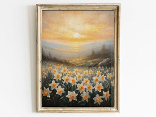 Daffodil Painting, Sunset Wall Decor, Floral Landscape Art - WildfieldPrints
