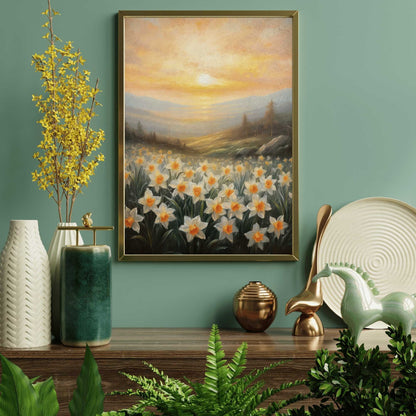 Daffodil Painting, Sunset Wall Decor, Floral Landscape Art - WildfieldPrints