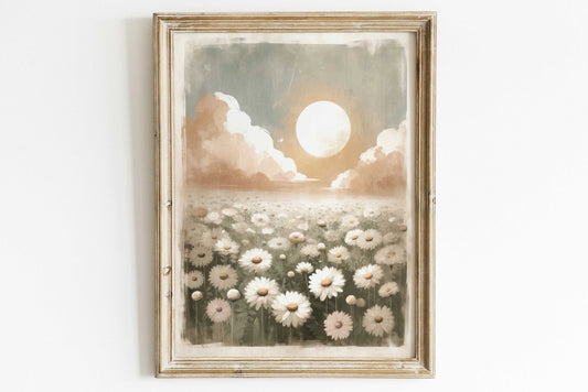 Daisy Flower Print, Floral Wall Decor, Sunset Landscape Art - WildfieldPrints