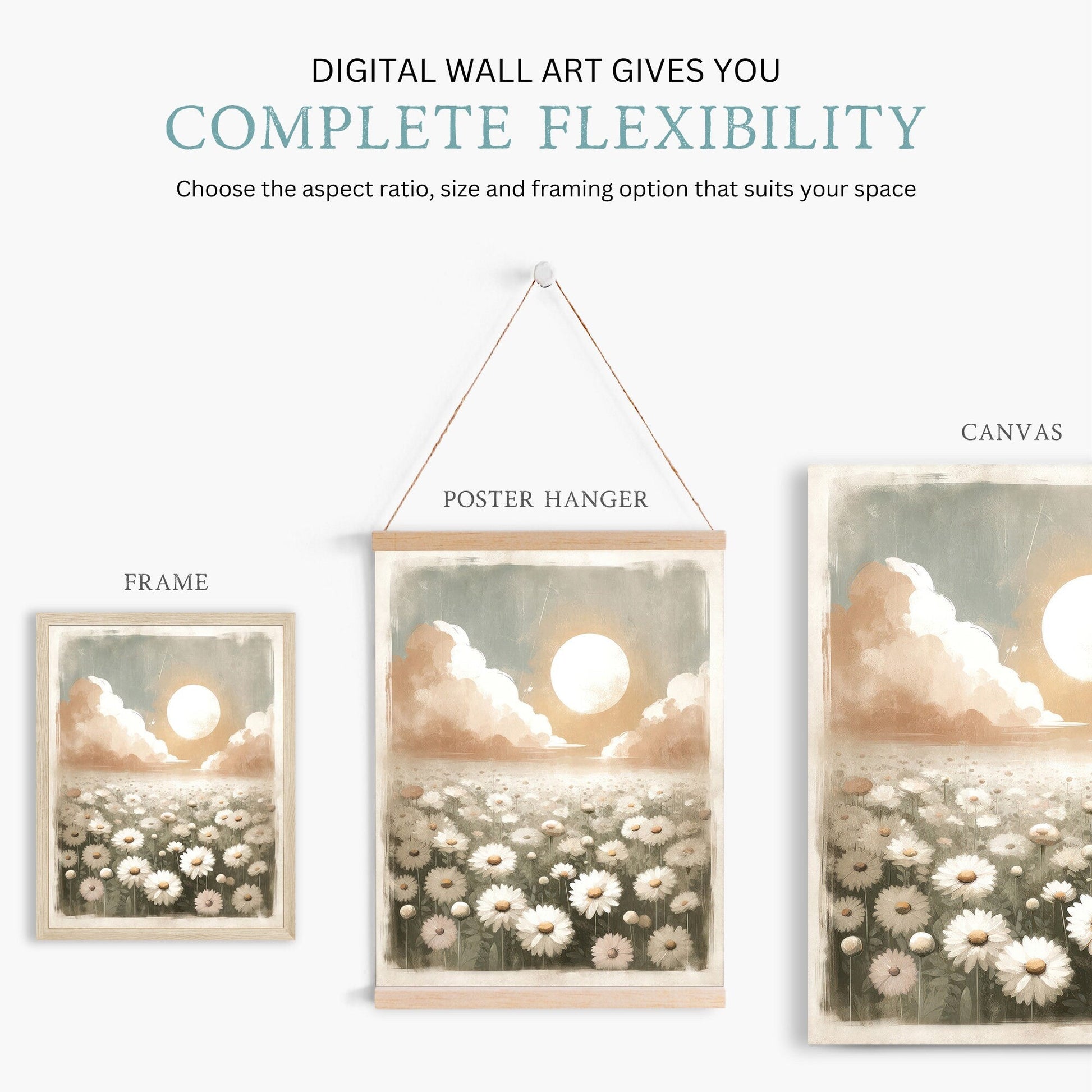 Daisy Flower Print, Floral Wall Decor, Sunset Landscape Art - WildfieldPrints