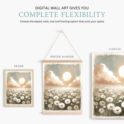 Daisy Flower Print, Floral Wall Decor, Sunset Landscape Art - WildfieldPrints