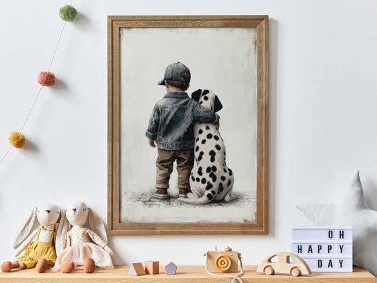 Dalmatian Nursery Decor, Boy and Dog Art Print, Animal Toddler Decor - WildfieldPrints