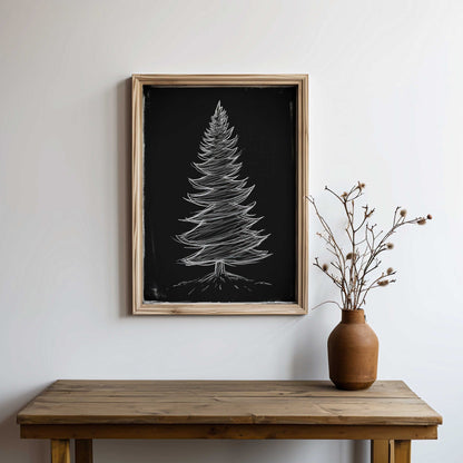 Dark Christmas Tree Print, Fir Tree Wall Decor, Vintage Minimalist Art - WildfieldPrints
