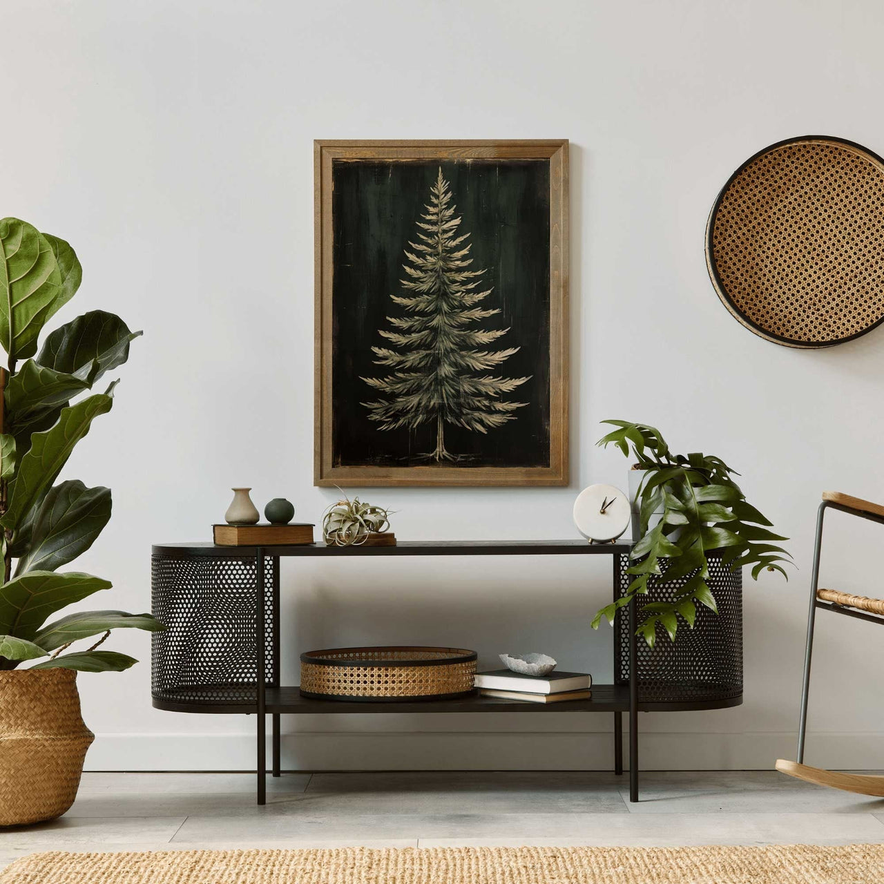 Dark Fir Tree Wall Art – Rustic Christmas Print for Living Room