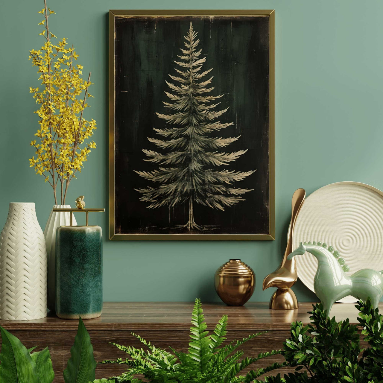 Dark Fir Tree Wall Art – Rustic Christmas Print for Living Room