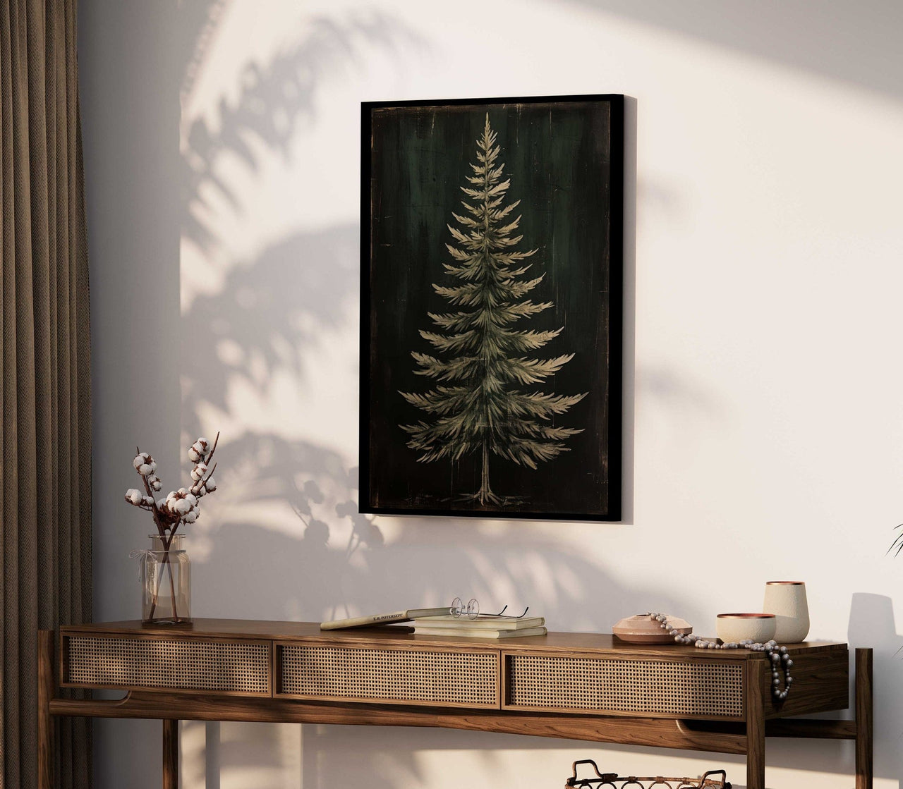 Dark Fir Tree Wall Art – Rustic Christmas Print for Living Room