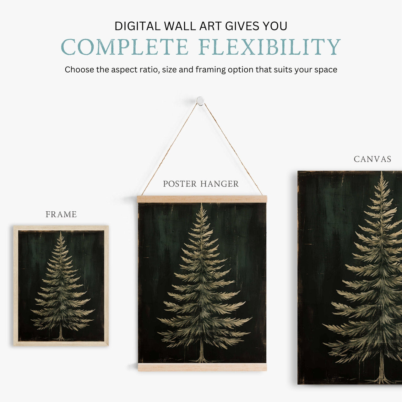 Dark Fir Tree Wall Art – Rustic Christmas Print for Living Room