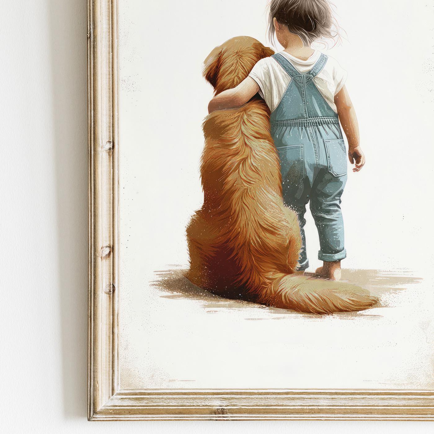 Dark Golden Retriever Art, Copper Golden Retriever Print, Girl & Golden Retriever, Dog Decor Nursery, Vintage Dog Painting,Printable Dog Art - My Store