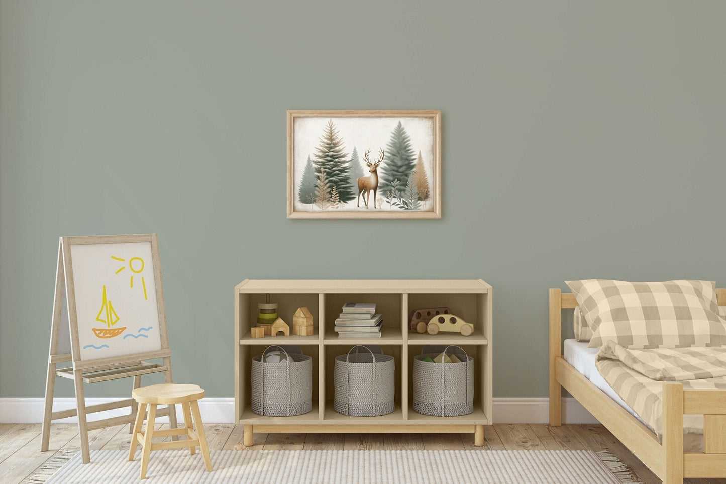 Deer Art Print, Forest Animal Nursery Decor, Sage Green Wall Art - WildfieldPrints