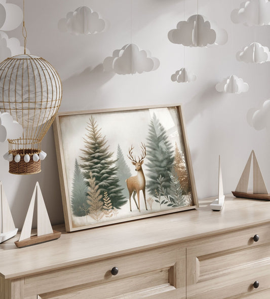Deer Art Print, Forest Animal Nursery Decor, Sage Green Wall Art - WildfieldPrints