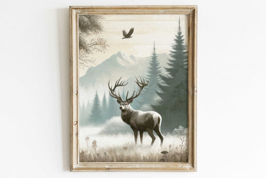 Deer Art Print, Rustic Wall Decor, Forest Animal Painting - WildfieldPrints