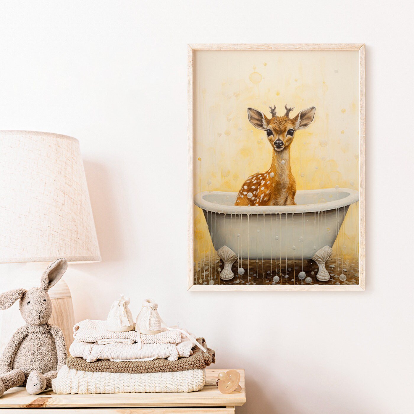 Deer Bath Time Art, Vintage Forest Animal Nursery Decor - WildfieldPrints
