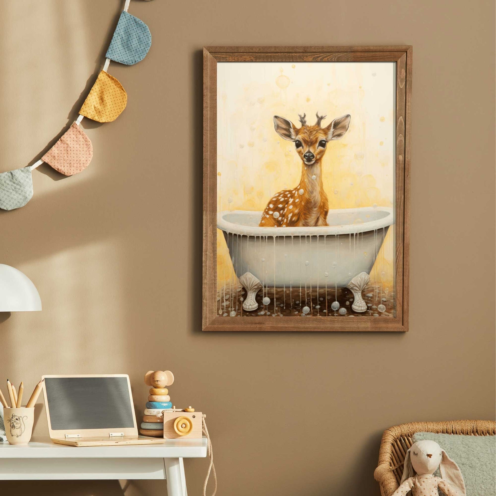 Deer Bath Time Art, Vintage Forest Animal Nursery Decor - WildfieldPrints