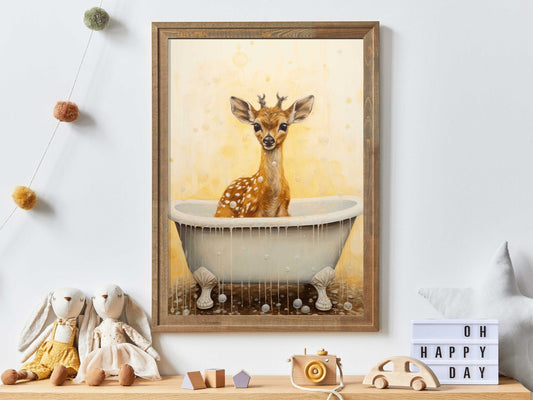 Deer Bath Time Art, Vintage Forest Animal Nursery Decor - WildfieldPrints