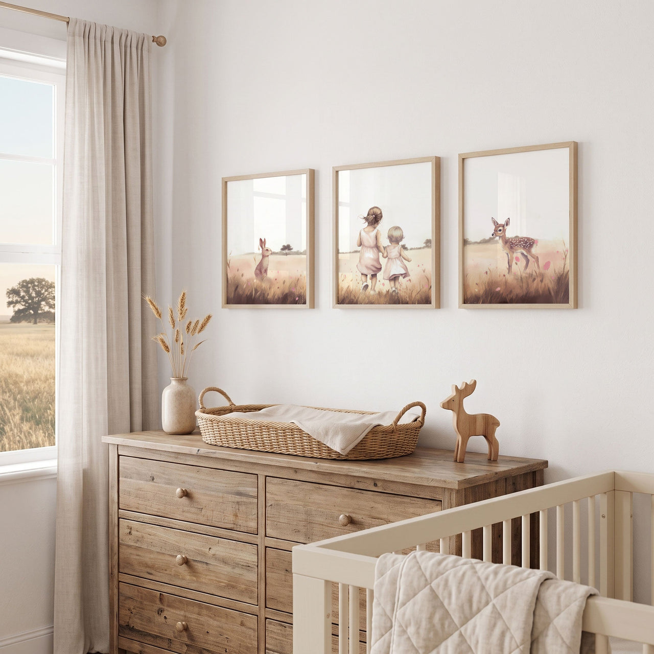 Deer & Bunny Wall Art – Animal Sibling Room Print • Set of 3