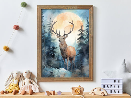 Deer Nursery Art, Watercolor Forest Animal Wall Decor, Kids Room Decor - WildfieldPrints