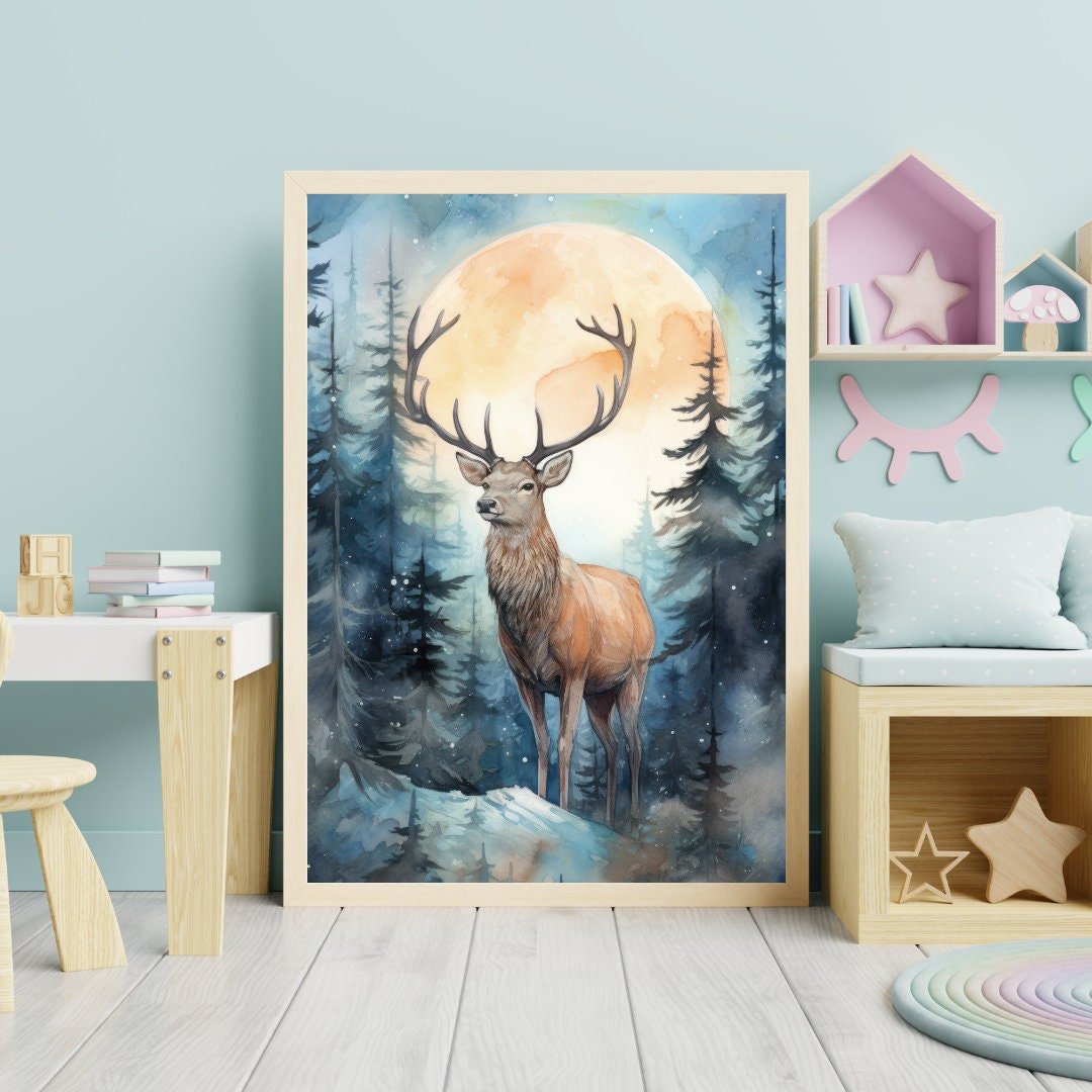 Deer Nursery Art, Watercolor Forest Animal Wall Decor, Kids Room Decor - WildfieldPrints