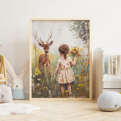 Deer Nursery Art, Wildflower Wall Decor, Forest Animals for Girls - WildfieldPrints