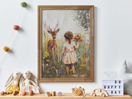 Deer Nursery Art, Wildflower Wall Decor, Forest Animals for Girls - WildfieldPrints