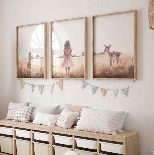 Deer Nursery Decor, Bunny & Deer Wall Art, Rabbit Print, Countryside Design - WildfieldPrints