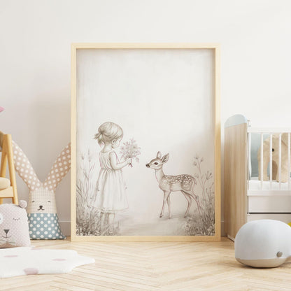Deer Nursery Decor, Pencil Sketch Wall Art, Vintage Animal Print - WildfieldPrints