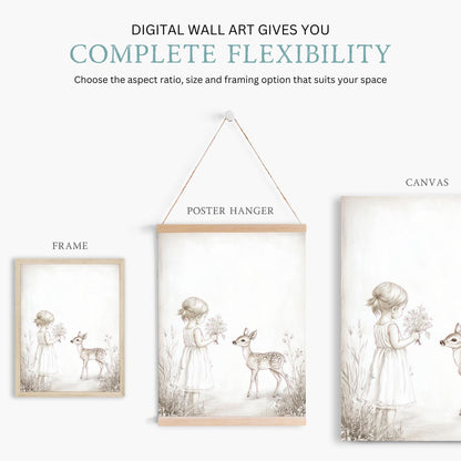 Deer Nursery Decor, Pencil Sketch Wall Art, Vintage Animal Print - WildfieldPrints