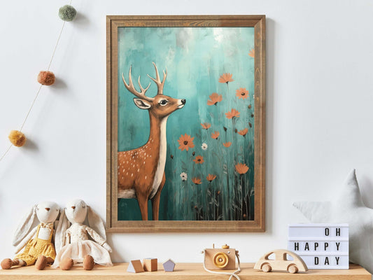 Deer Nursery Decor, Vintage Animal Painting, Cute Girls Room Art - WildfieldPrints