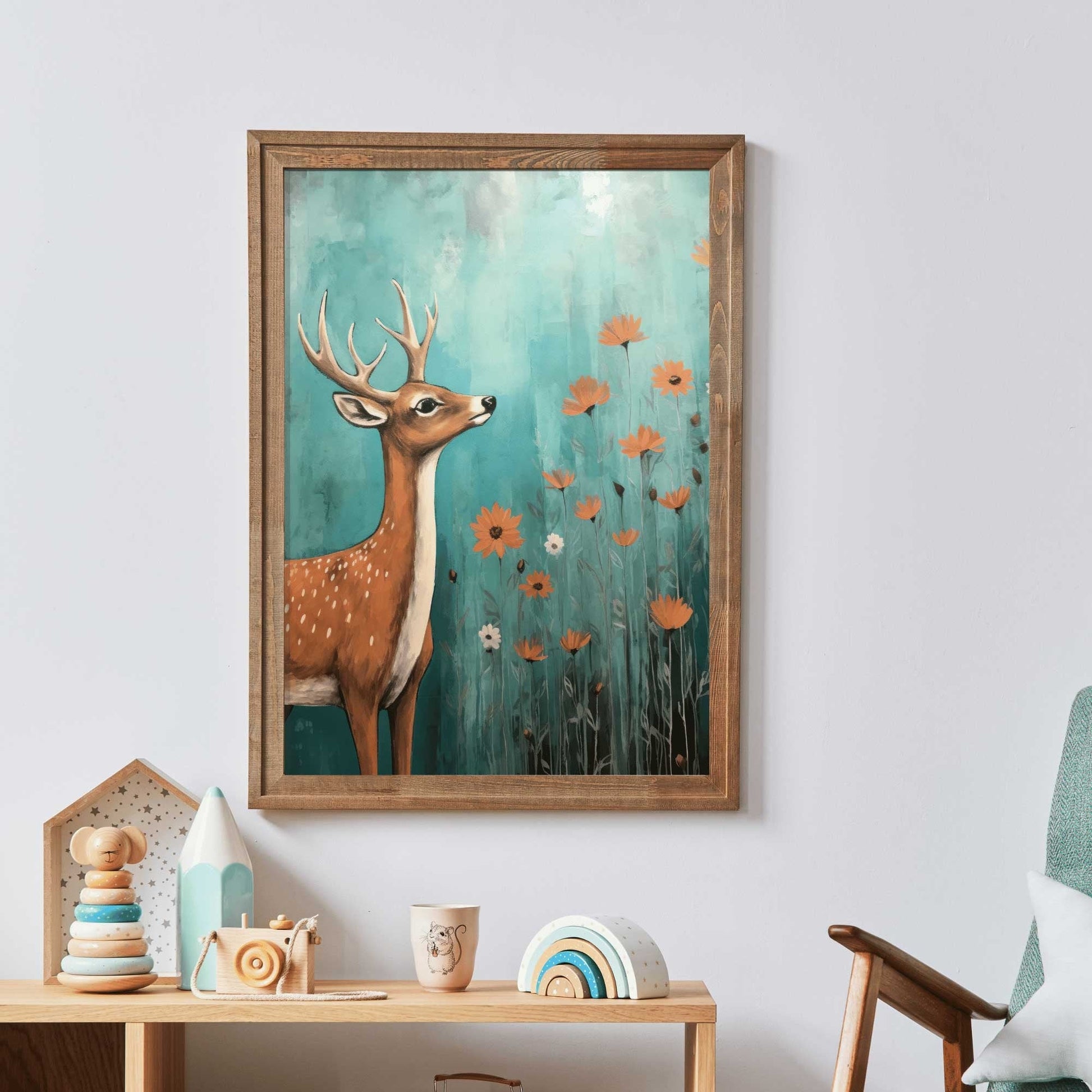 Deer Nursery Decor, Vintage Animal Painting, Cute Girls Room Art - WildfieldPrints