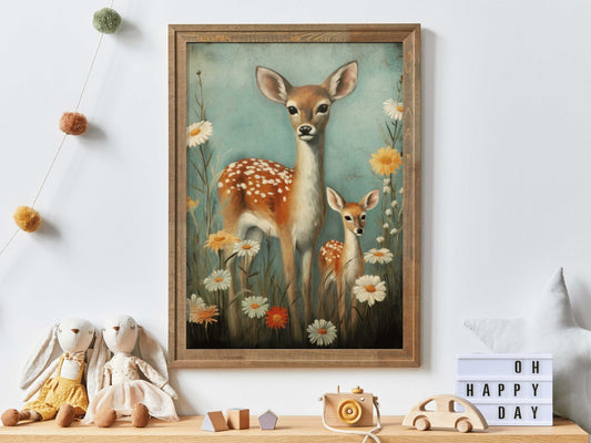 Deer Nursery Wall Art, Vintage Forest Animal Decor, Kids Room Accent - WildfieldPrints