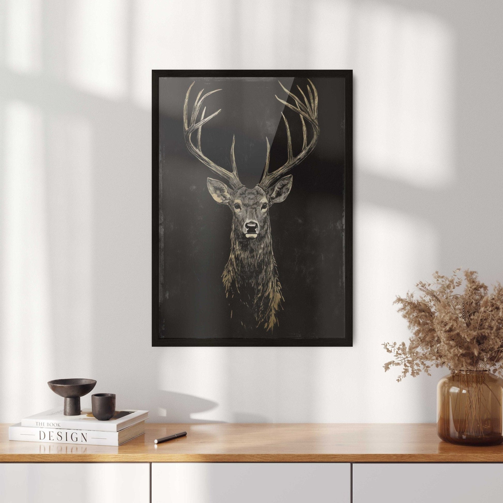 Deer Wall Art, Forest Animal Decor, Gold and Black Vintage Buck - WildfieldPrints
