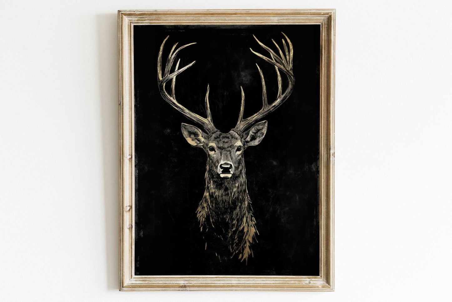 Deer Wall Art, Forest Animal Decor, Gold and Black Vintage Buck - WildfieldPrints