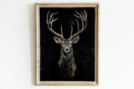 Deer Wall Art, Forest Animal Decor, Gold and Black Vintage Buck - WildfieldPrints