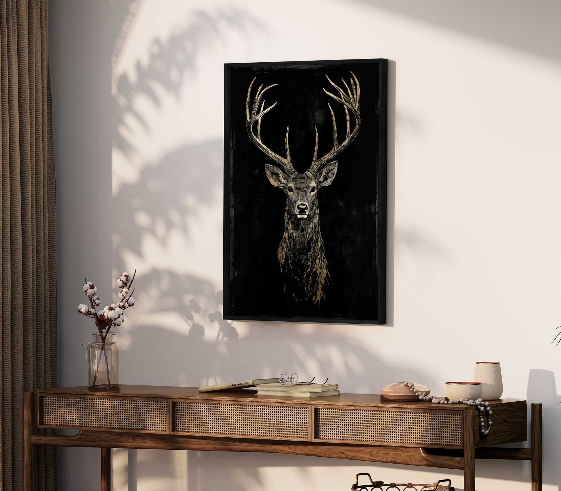 Deer Wall Art, Forest Animal Decor, Gold and Black Vintage Buck - WildfieldPrints