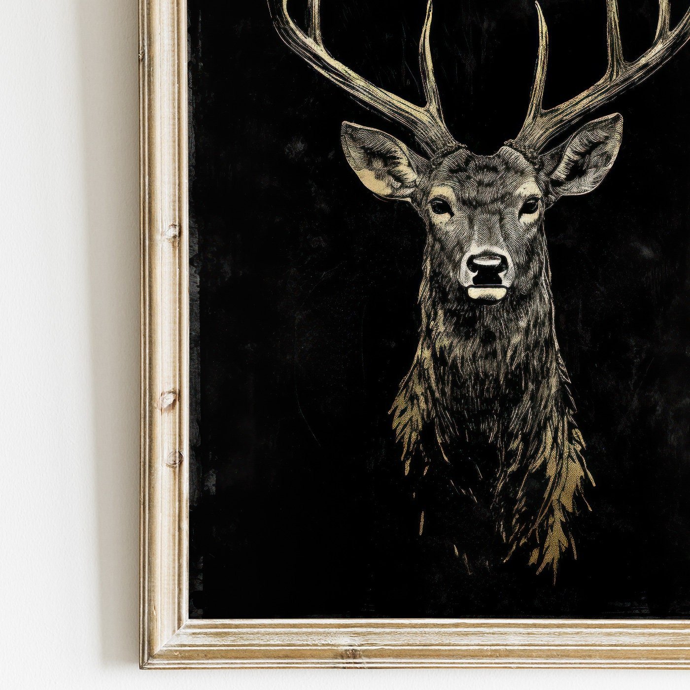 Deer Wall Art, Forest Animal Decor, Gold and Black Vintage Buck - WildfieldPrints
