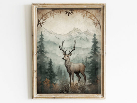 Deer Wall Art, Rustic Forest Decor, Vintage Animal Print - WildfieldPrints