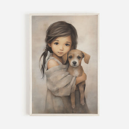 Dog and Girl Wall Art, Nursery Decor for Kids, Vintage Dog Painting - WildfieldPrints