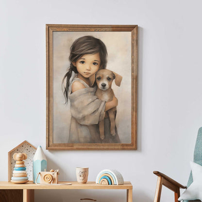 Dog and Girl Wall Art, Nursery Decor for Kids, Vintage Dog Painting - WildfieldPrints