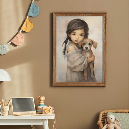 Dog and Girl Wall Art, Nursery Decor for Kids, Vintage Dog Painting - WildfieldPrints