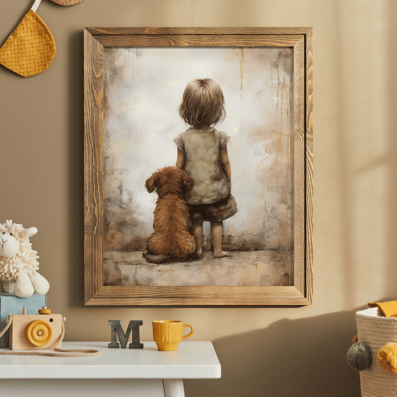 Vintage Girl and Puppy Wall Art – Animal Nursery Print for Girls