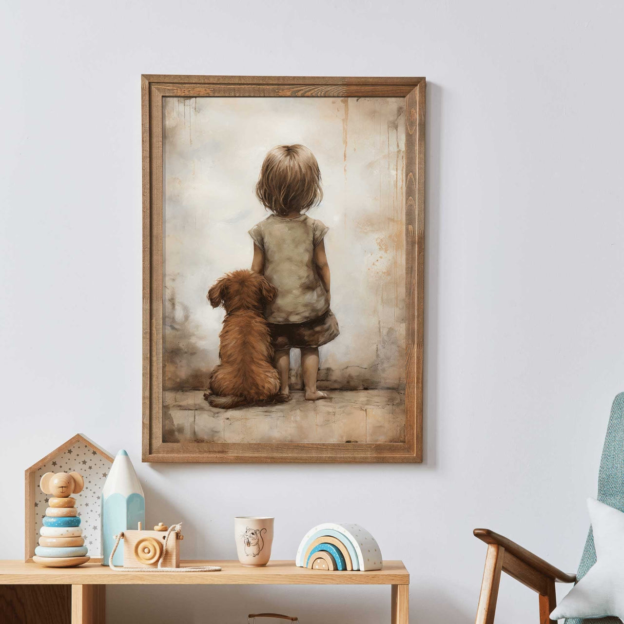 Vintage Girl and Puppy Wall Art – Animal Nursery Print for Girls