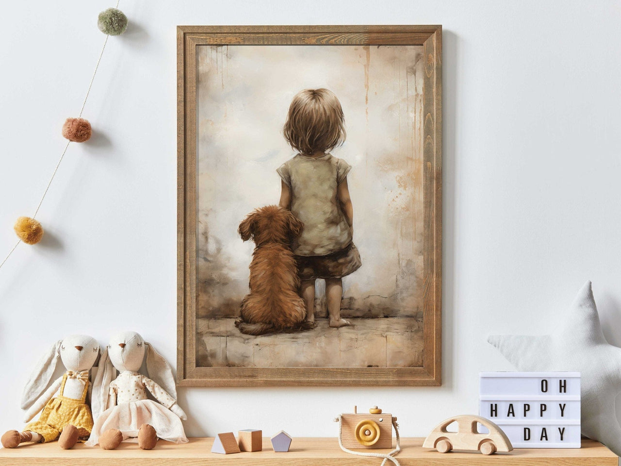 Vintage Girl and Puppy Wall Art – Animal Nursery Print for Girls