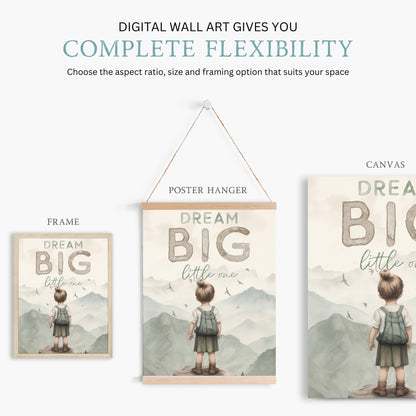 Dream Big Little One Art, Nursery Quote Wall Decor, Adventure Theme - WildfieldPrints