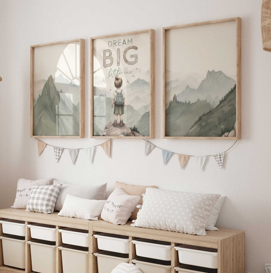 Dream Big Little One Art, Nursery Quote Wall Decor, Adventure Theme - WildfieldPrints