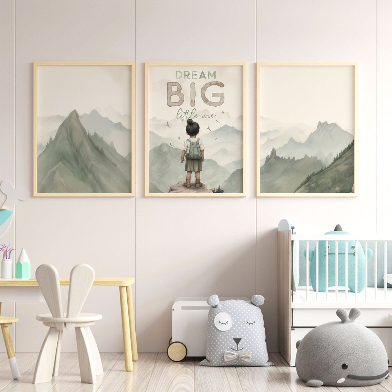 Dream Big Little One Wall Art – Adventure Nursery Print for Girls • Set of 3