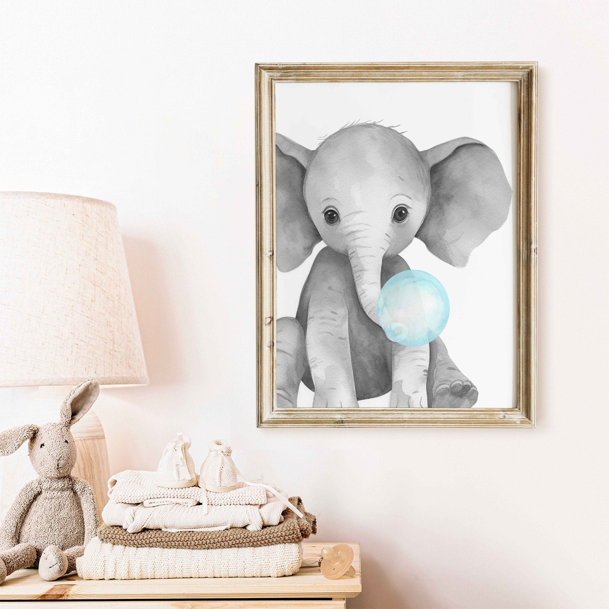 Elephant Bubblegum Print, Safari Animal Nursery Decor, Cute Animal Art - WildfieldPrints