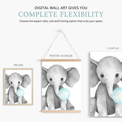 Elephant Bubblegum Print, Safari Animal Nursery Decor, Cute Animal Art - WildfieldPrints