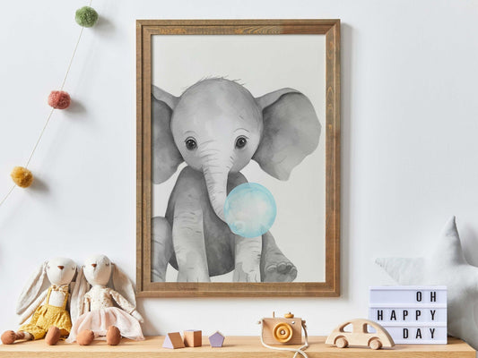 Elephant Bubblegum Print, Safari Animal Nursery Decor, Cute Animal Art - WildfieldPrints
